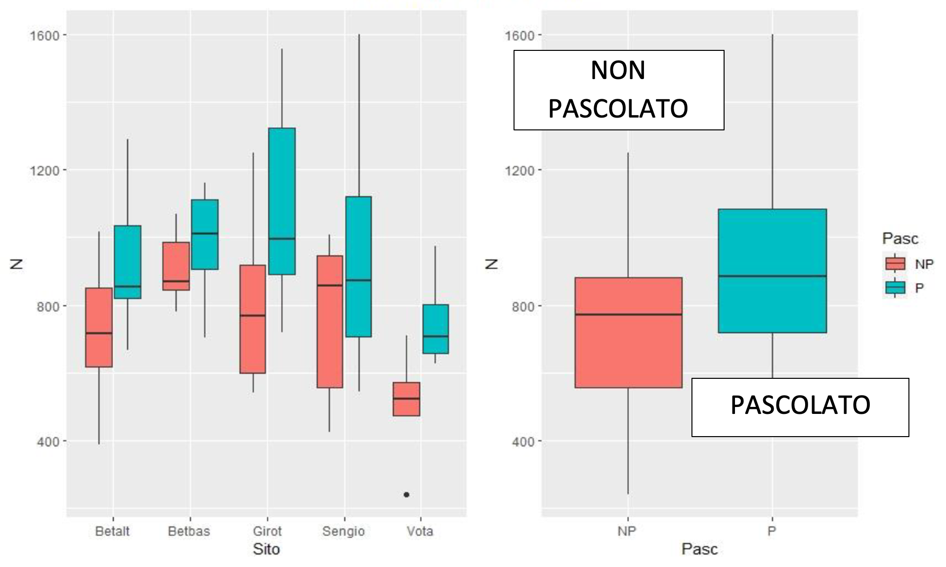 Box-plot che mettono a confronto le abbondanze degli insetti catturati col metodo delle trappole ad emergenza, nelle aree pascolate (fuori recinto di esclusione) e quelle non pascolate (dentro al recinto di esclusione). A sinistra diviso per sottoarea di indagine, a destra riassuntivo di tutta l’area di studio. Nelle are pascolate l’abbondanza è maggiore che in quelle non pascolate.